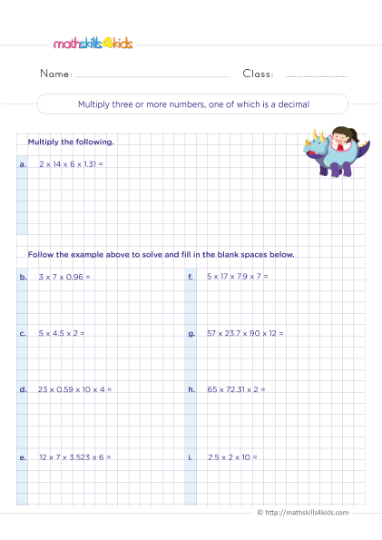 Printable Grade 5 math worksheets with answers: Multiplying decimal - Multiplying three or more numbers with one of which is a decimal