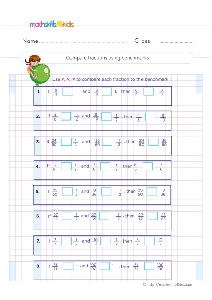 Grade 5 fractions worksheets: Convert mixed numbers & improper fractions - Comparing fraction using benchmarks