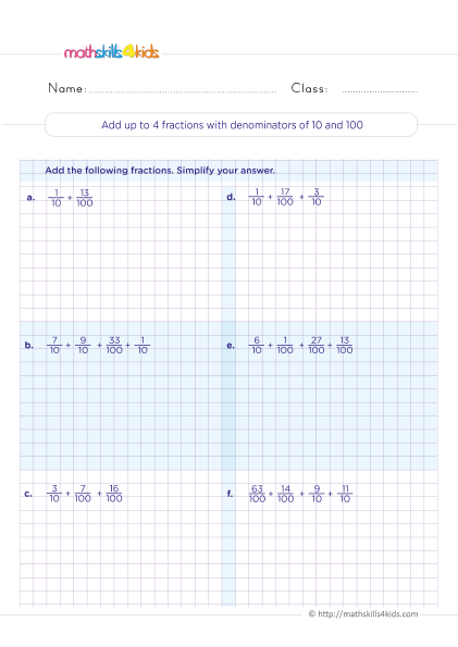 Adding and subtracting fractions worksheets for Grade 5 - Adding up to 4 fractions with denominators of 10 and 100