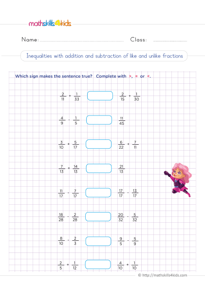 Adding and subtracting fractions worksheets for Grade 5 - Inequalities with addition and subtraction of like and unlike fraction