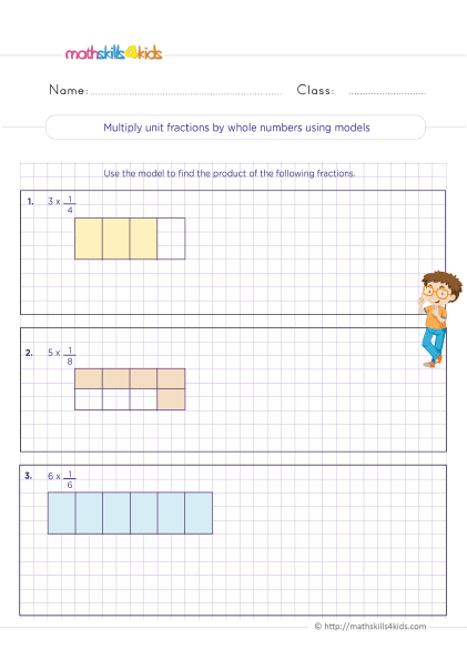 5th Grade Math Worksheets with Answers: Multiplying Fractions - Multiplying unit fractions by whole numbers using models
