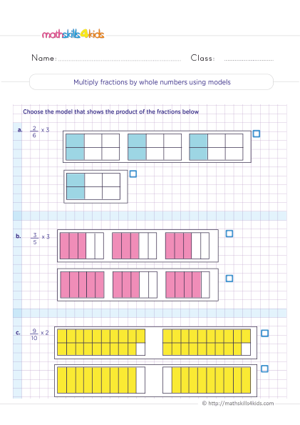 5th Grade Math Worksheets with Answers: Multiplying Fractions - Multiplying fractions by whole numbers using models