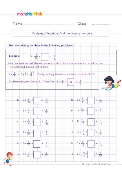 5th Grade Math Worksheets with Answers: Multiplying Fractions - Multiplying fractions Finding the missing numbers