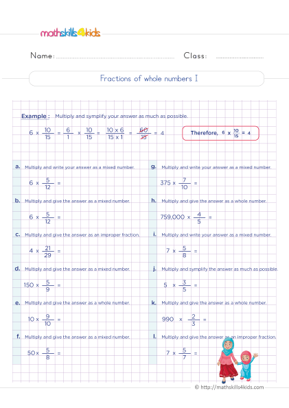 5th Grade Math Worksheets with Answers: Multiplying Fractions - How do you find the fraction of whole numbers