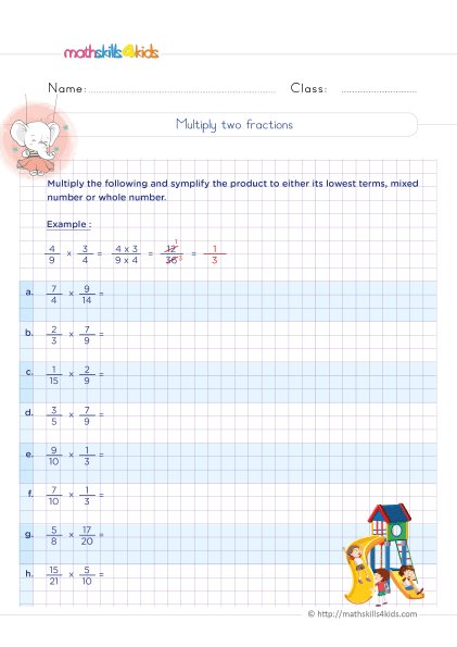5th Grade Math Worksheets with Answers: Multiplying Fractions - How to multiply two fractions with unlike denominators