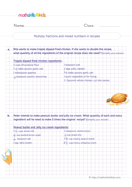 5th Grade Math worksheets with answers - Multiplying fractions with mixed numbers recipe practice