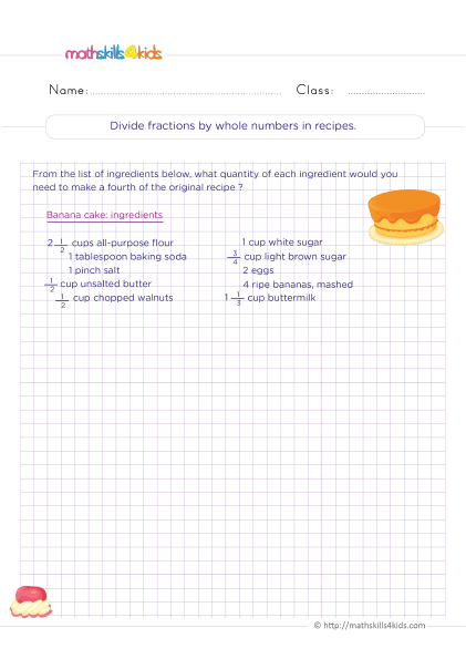 Printable Grade 5 worksheets with answers: Dividing fractions - Dividing fractions with whole numbers recipe practice