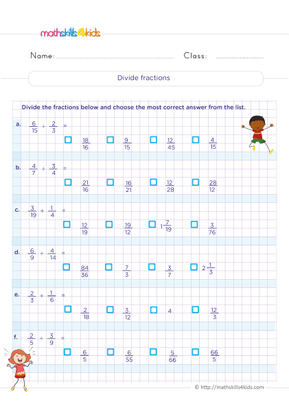 Printable Grade 5 worksheets with answers: Dividing fractions - How do you divide fractions step by step? - Dividing fractions practice