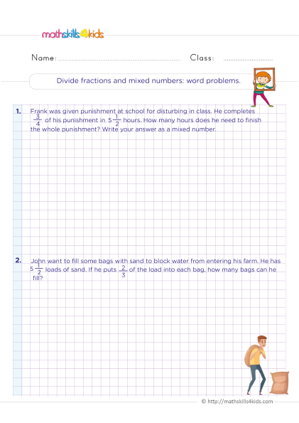 Printable Grade 5 worksheets with answers: Dividing fractions - Dividing fractions with a mixed numbers word problems