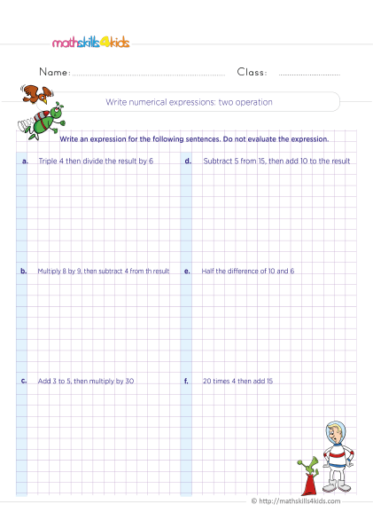 Mastering mixed operations: Grade 5 math worksheets - Writing and interpreting numerical expressions