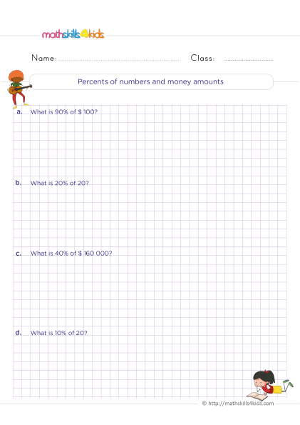 Grade 5 math percentage worksheets: Converting fractions, decimals - Percents of numbers and money amounts