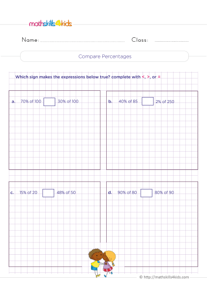 Grade 5 math percentage worksheets: Converting fractions, decimals - percentage difference between two percentages