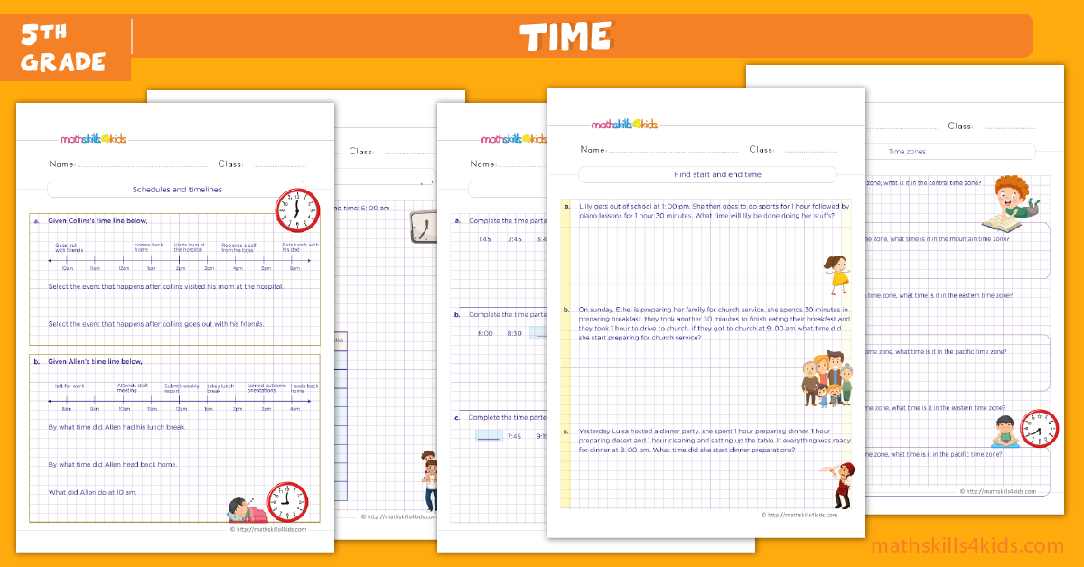 Fifth Grade time worksheets - Telling Time life situation