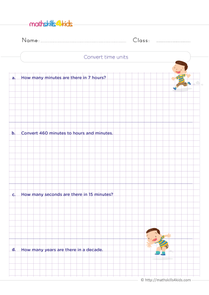 5th-Grade math time worksheets: Elapsed time word problems and more - Converting units of time: seconds minutes and hours