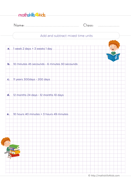 5th-Grade math time worksheets: Elapsed time word problems and more - Adding and subtracting mixed time units practice