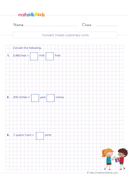Grade 5 measurement worksheets: Customary and metric conversion - How do you convert mixed customary units