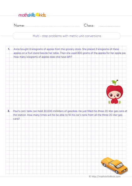 Grade 5 measurement worksheets: Customary and metric conversion - How to solve multi-step word problems with metric units conversion
