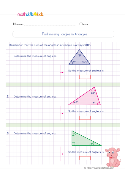 Grade 5 math worksheets: Identifying and classifying triangles & quadrilaterals - How do you find the missing angle of a triangle