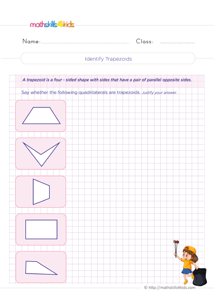 Grade 5 math worksheets: Identifying and classifying triangles & quadrilaterals - Identifying trapezoids - Trapezoid properties