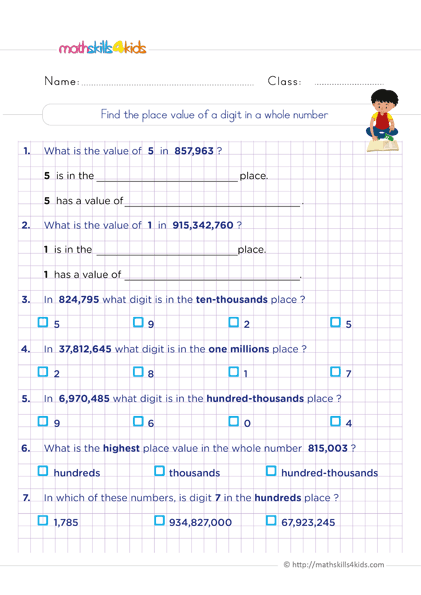 6th Grade Math worksheets - Find the place value of a digit in a whole number