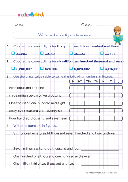 Grade 6 whole number worksheets: Roman numerals, Place Value, Spelling, Add & Subtract - How to write numbers in figures and words