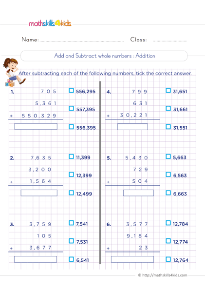 6th Grade Math whole numbers worksheets - Adding whole numbers
