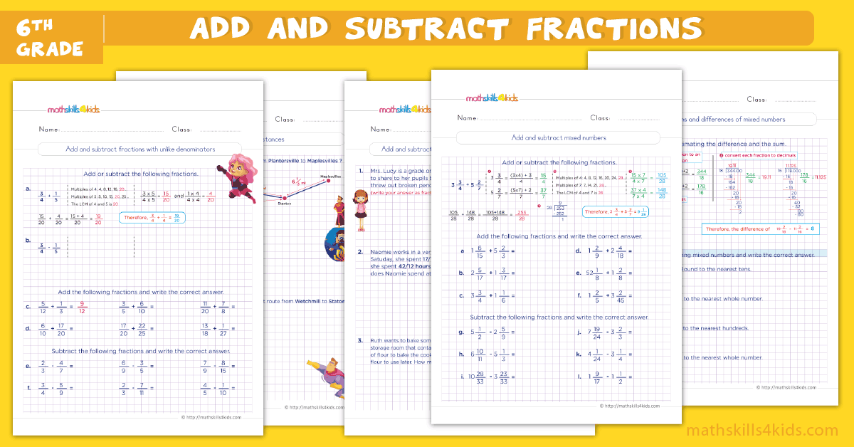 6th grade math worksheets - add and subtract fractions worksheets