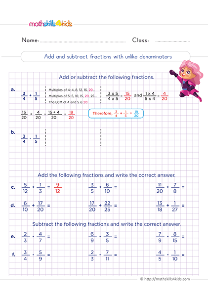 6th Grade Math worksheets - Adding and subtracting fractions with unlike denominators worksheets