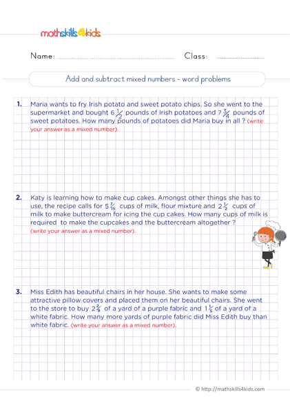 6th Grade adding and subtracting fractions: Free printable worksheets - Add and subtract mixed numbers word problems