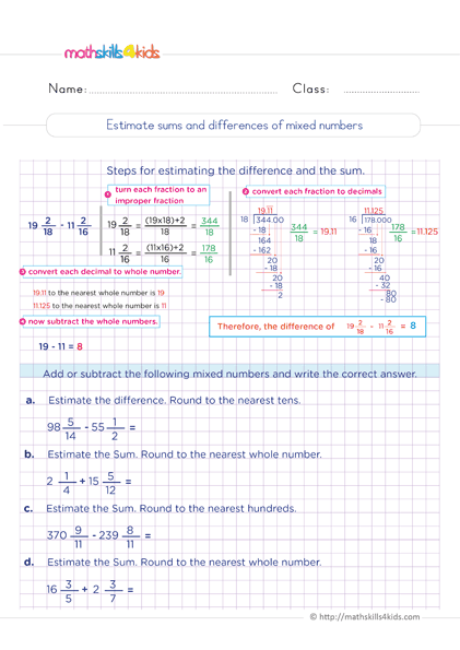 6th Grade adding and subtracting fractions: Free printable worksheets - how to estimate sums and differences of mixed numbers