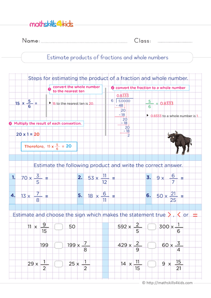 6th Grade multiplying fractions worksheets with answers - Estimating products of fractions & whole numbers