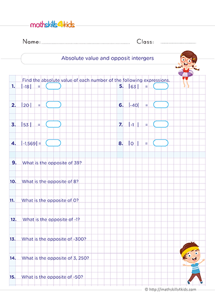 Grade 6 integers worksheets: Graphing and comparing integers - absolute value and opposite integers