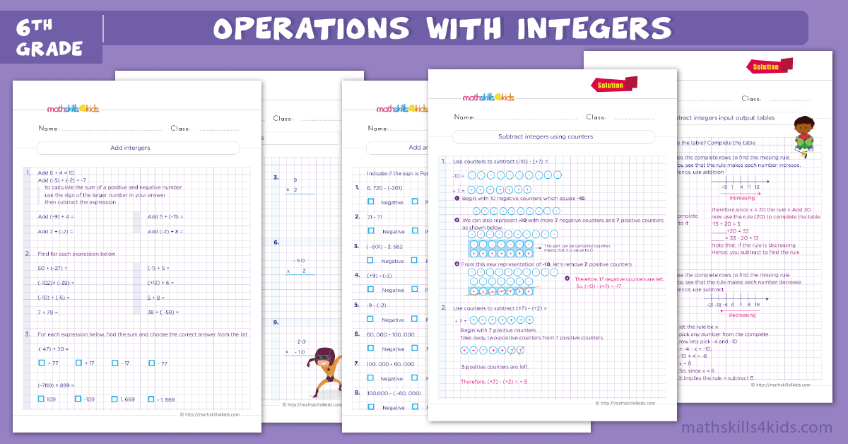 6th grade math worksheets - operations with integers worksheets