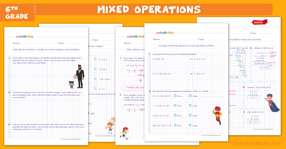 6th grade math worksheets - mixed operations
