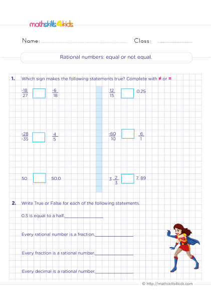 Learn and practice rational numbers: Grade 6 printable worksheets - rational numbers equal or not equal
