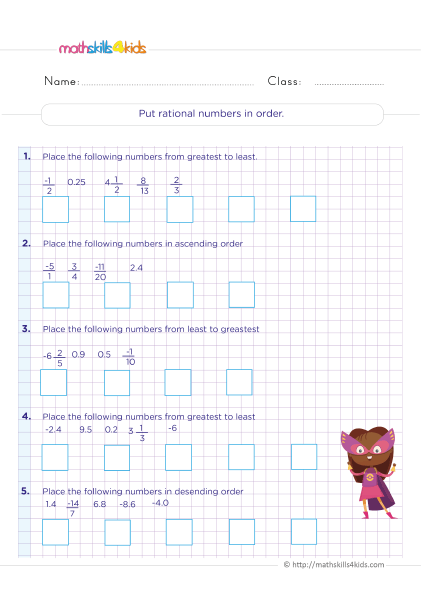 Learn and practice rational numbers: Grade 6 printable worksheets - Putting rational numbersin order
