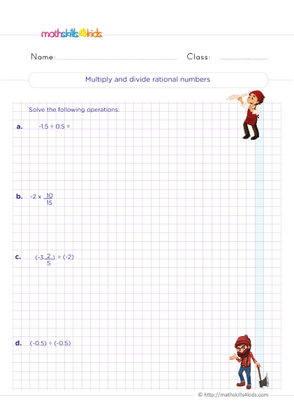 Learn and practice rational numbers: Grade 6 printable worksheets - multiply and divide rational numbers
