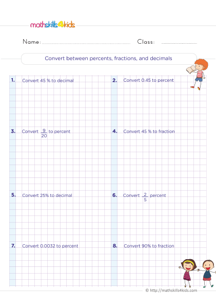 Grade 6 Math Skills: Fun and educational percentages worksheets - Convert between percents, fractions and decimals