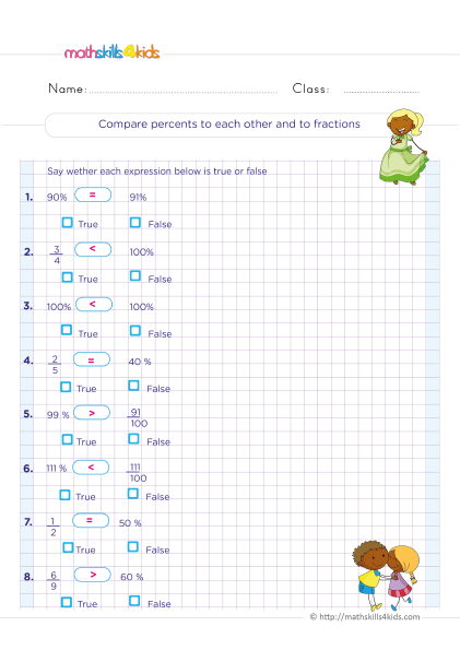Grade 6 Math Skills: Fun and educational percentages worksheets - Comparing percents to each order and to fractions