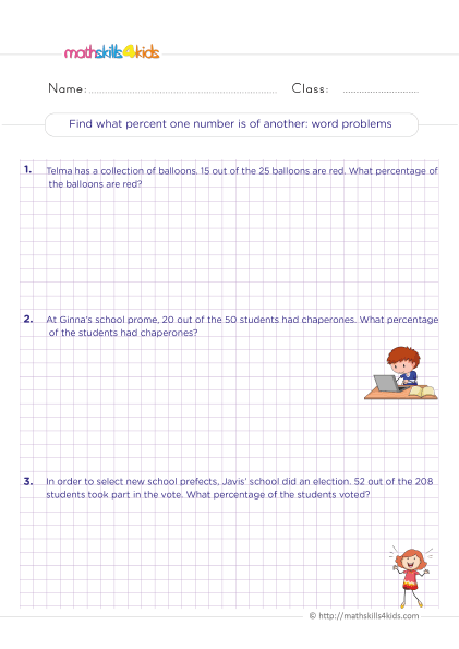 Grade 6 Math Skills: Fun and educational percentages worksheets - Finding what percent one number is of another word problems