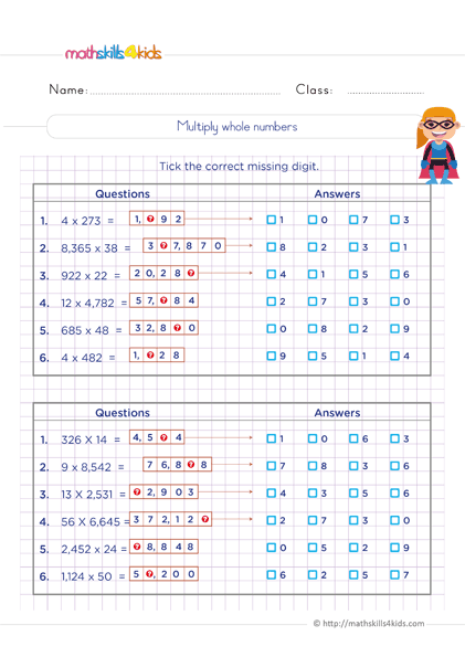 6th Grade Math worksheets - Multiplying whole numbers practice
