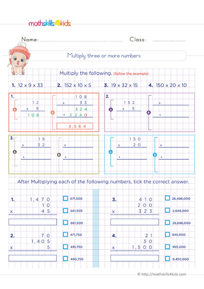 6th Grade Math worksheets - Multiplication strategies - How to multiply three or more numbers