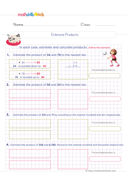 6th Grade math worksheets: Multiplication of whole numbers - How to estimate the product of multiplication