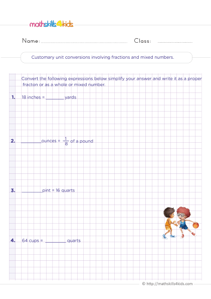 6th Grade measuring units worksheets: Free Download - Customary unit conversions involving fractions and mixed numbers