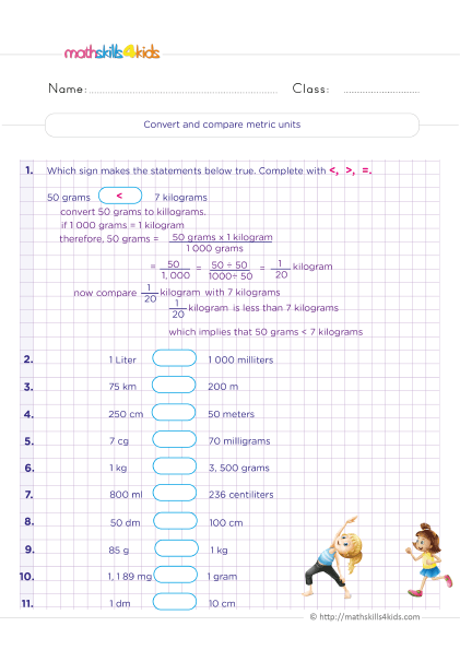 6th Grade measuring units worksheets: Free Download - Comparing and converting metric units practice