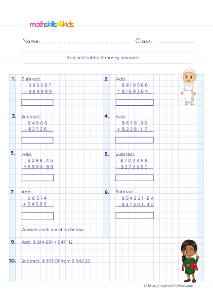 6th Grade Math worksheets - Adding and subtracting money