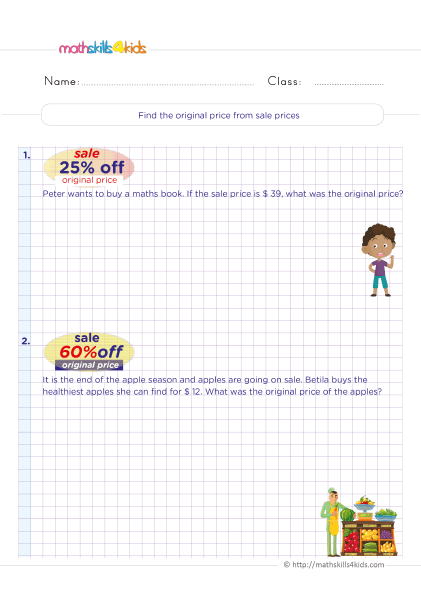 6th Grade consumer math worksheets: Budgeting, Saving, and Spending - How to find the original price of a discount - How to find the original price from a sale price