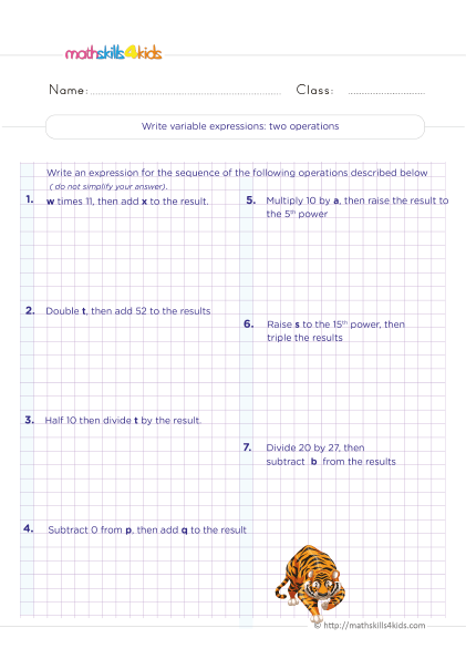 6th Grade Math worksheets - Writing variable expressions practice two operation