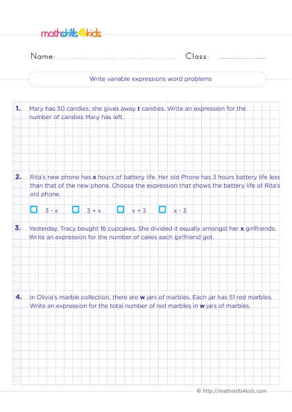 Algebraic expressions worksheets for 6th Graders: Learn and Practice - writing algebraic expressions from word problems