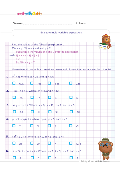Algebraic expressions worksheets for 6th Graders: Learn and Practice - Evaluating algebraic expressions exercises with answers